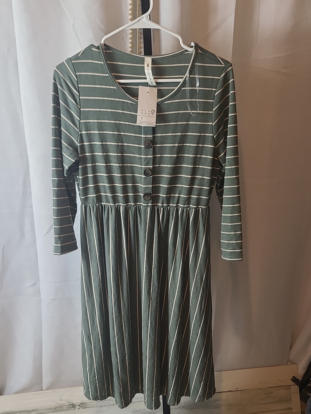 Vanilla Bay Striped Empire Waist Midi Dress Olive Green LARGE